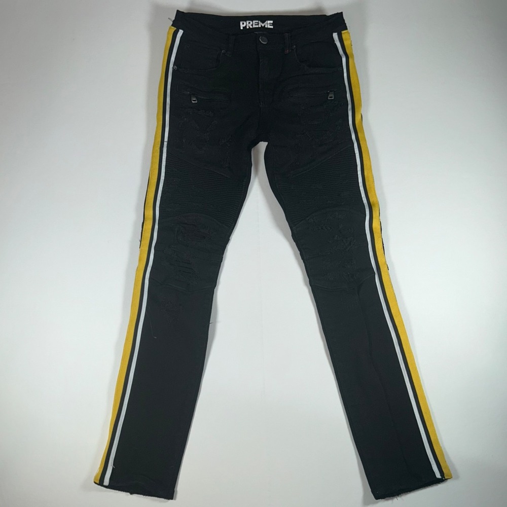PREME Mens Jeans 30x32 Black Distressed Moto Skinny Yellow Stripe Stretch